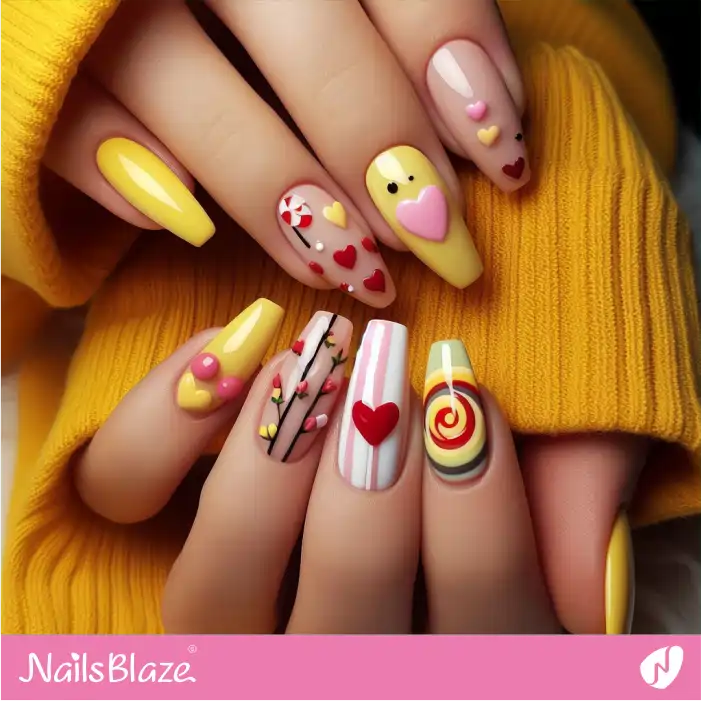 Glossy Nails with Heart Candies for Love | Valentine Nails - NB2191